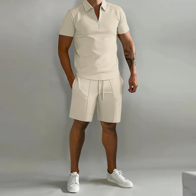 Larry - Casual Zip Polo Shirt & Shorts Matching Set
