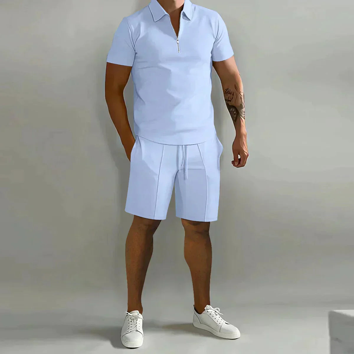Larry - Casual Zip Polo Shirt & Shorts Matching Set