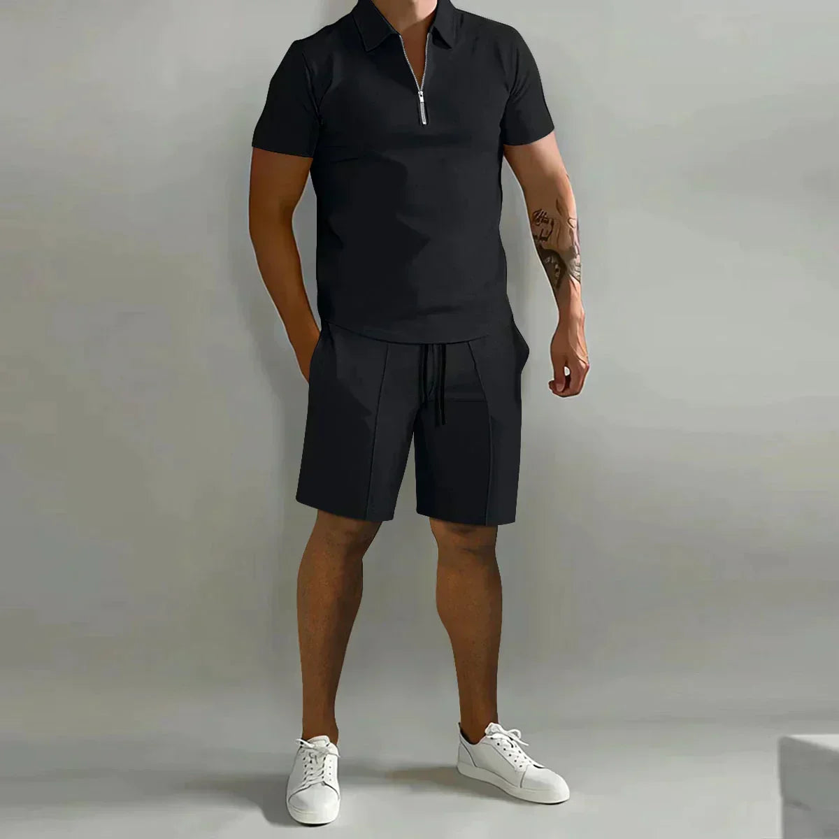Larry - Casual Zip Polo Shirt & Shorts Matching Set