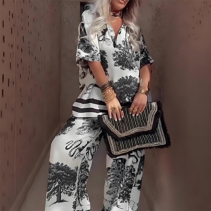 Marielle | Printed V-Neck Top & Long Pants